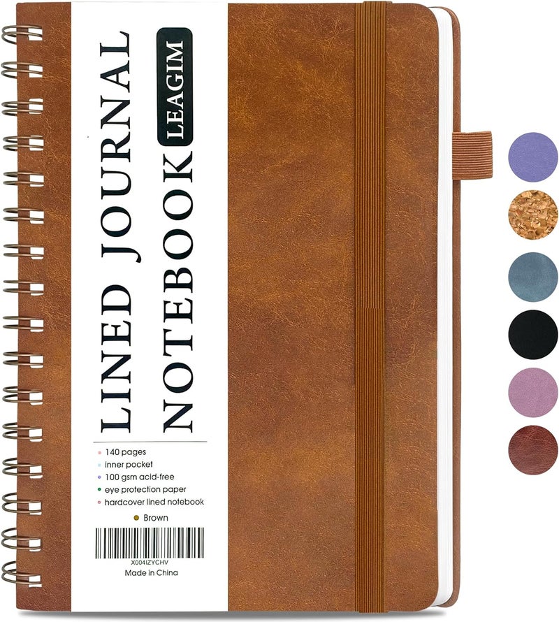 LEAGIM Lined Spiral Journal Notebook for Women & Men, College Ruled Hardcover Notebook for Work & Note Taking, Journals for Writing, 100 GSM, Business, School, 140 Pages, A5(5.8"x8.5") - Brown - Image 1